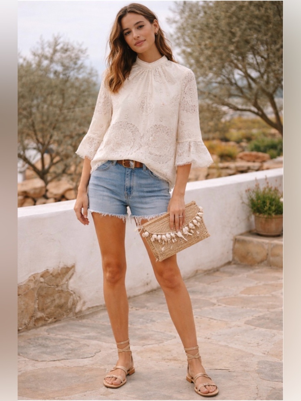 *Lace Eyelet High-Neck Blouse in Cream - Picture 2 of 9